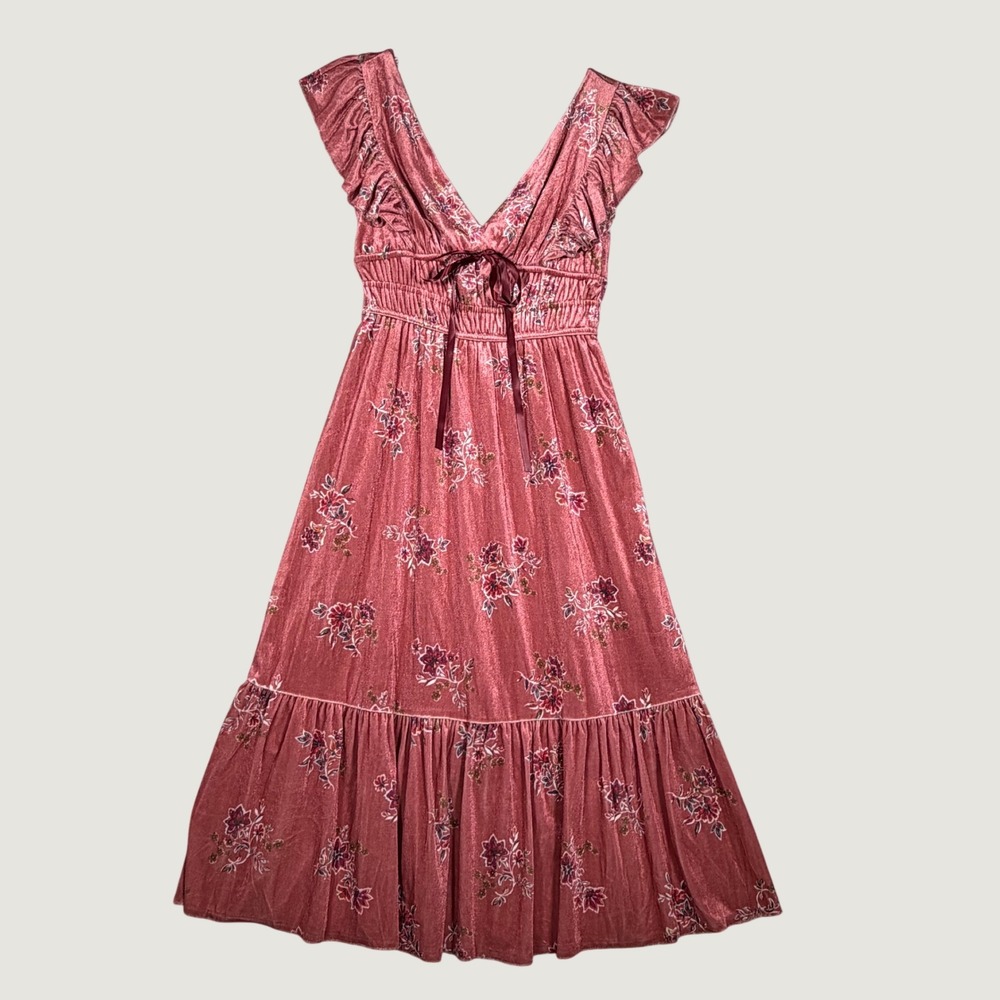 Francesca's Jessie Dress Women XS Pink Velvet Floral Midi Smocked Ruffle Flutter